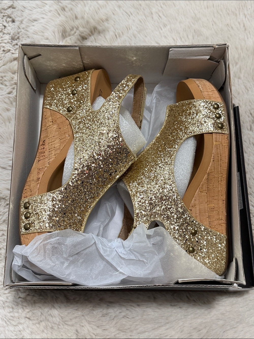 Gold Glitter Cork Wedge Sandals with Stud Detail